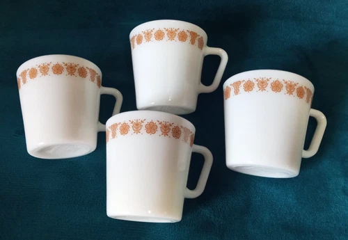 Vtg 1970's PYREX Butterfly Gold Coffee Mug Cup White Glass D-handle USA Lot of 4