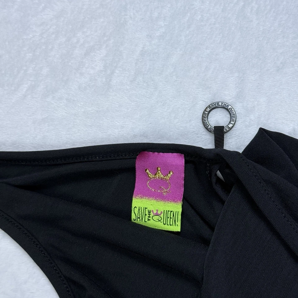 Vintage Save The Queen Top XL Italy Y2K Halter Black Stretch Embroider Lace Art - Image 2 of 4
