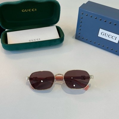 Gucci Women's Geometric Sunglasses Gold Metal Frame Brown Tinted Lenses Case Box