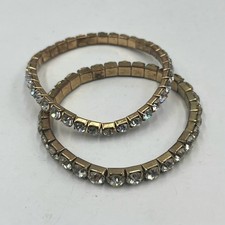 Vintage Set of 2 Clear Rhinestone Gold Tone Flex Stretch Bracelets Stackable 7"