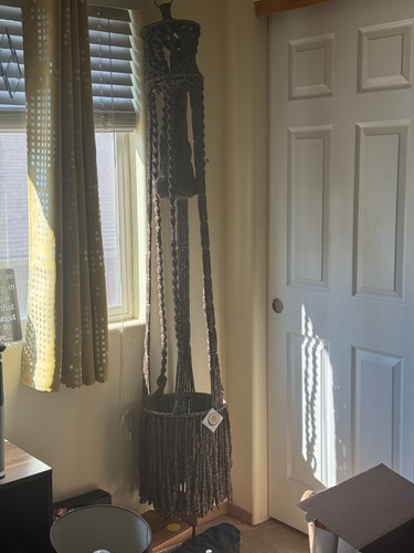 Vintage Macramé Double Plant Hanger Brown Cream Rope Woven Hanging Planter Boho 