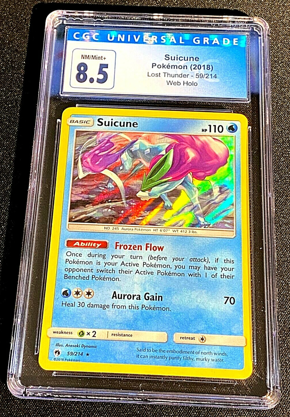 WEB HOLO ! 2018 SUICUNE 59/214 SUN & MOON CGC 8.5 NM/MT+ LOST THUNDER G2151
