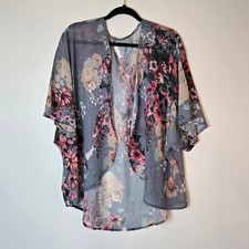 Floral Kimono Cardigan Sheer Open Front Wrap Pink Gray XL Boho Summer Coverup