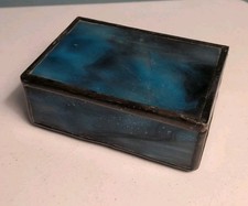Vintage Stained Slag Glass Jewelry Trinket Box Blue Sliding Lid 3.5x5x2"