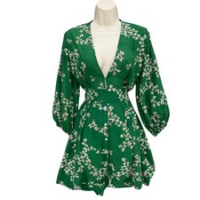 Faithfull The Brand Margot Mini Dress Green Floral Balloon Sleeve V Neck Size 4