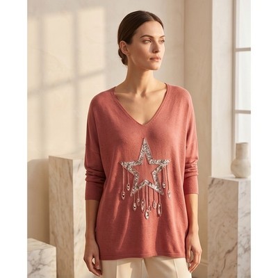 New Collection 1X Italy Wool Angora Blend Sequin Star Embellished Sweater LS