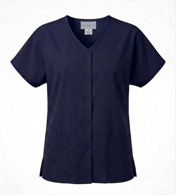 Short Sleeve V-Neck Snap Front Scrub Top w/ 3 Pockets & Side Vents - 14106