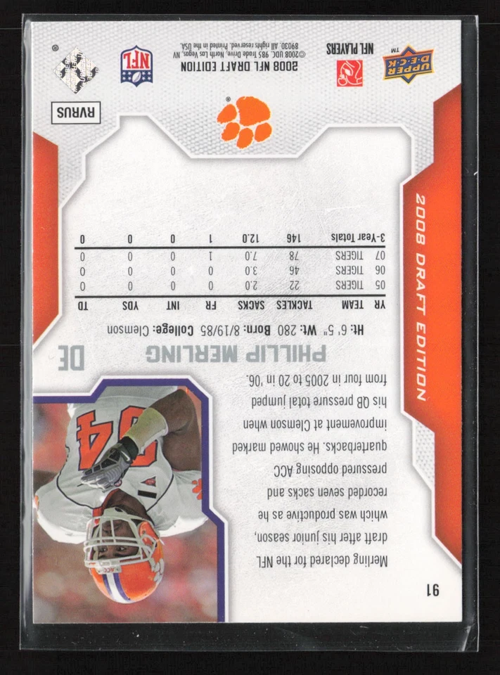 2008 Upper Deck Draft Edition #91 Phillip Merling Silver - Image 2 of 2