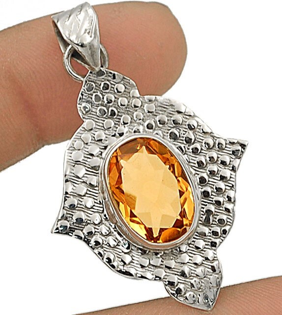 5CT Golden Citrine Sterling Silver Pendant 1 7/8 Inch
