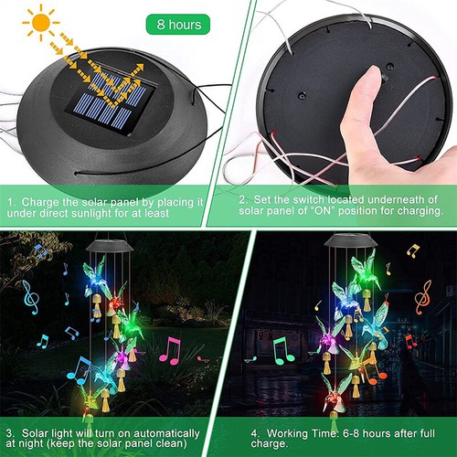 New Solar Wind Chime Colour Changing LED Light Hanging Hook Garden Ornament - Picture 3 of 26