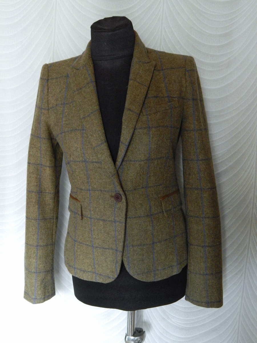 Zara Basic Wool Green Check Tweed Blazer Jacket Elbow Patches