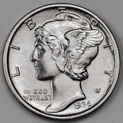 1936-p Mercury Dime 100% Full Separated Horizontal Bands BU (Inventory A)