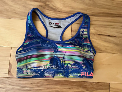 FILA preformance running top bra Sz M Blue Tropical print racer back keyhole