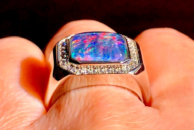 Mens Solid Black Opal Signet ring 9 Red Blue FIRE Halo Heavy Sterling ring VIDEO image 7