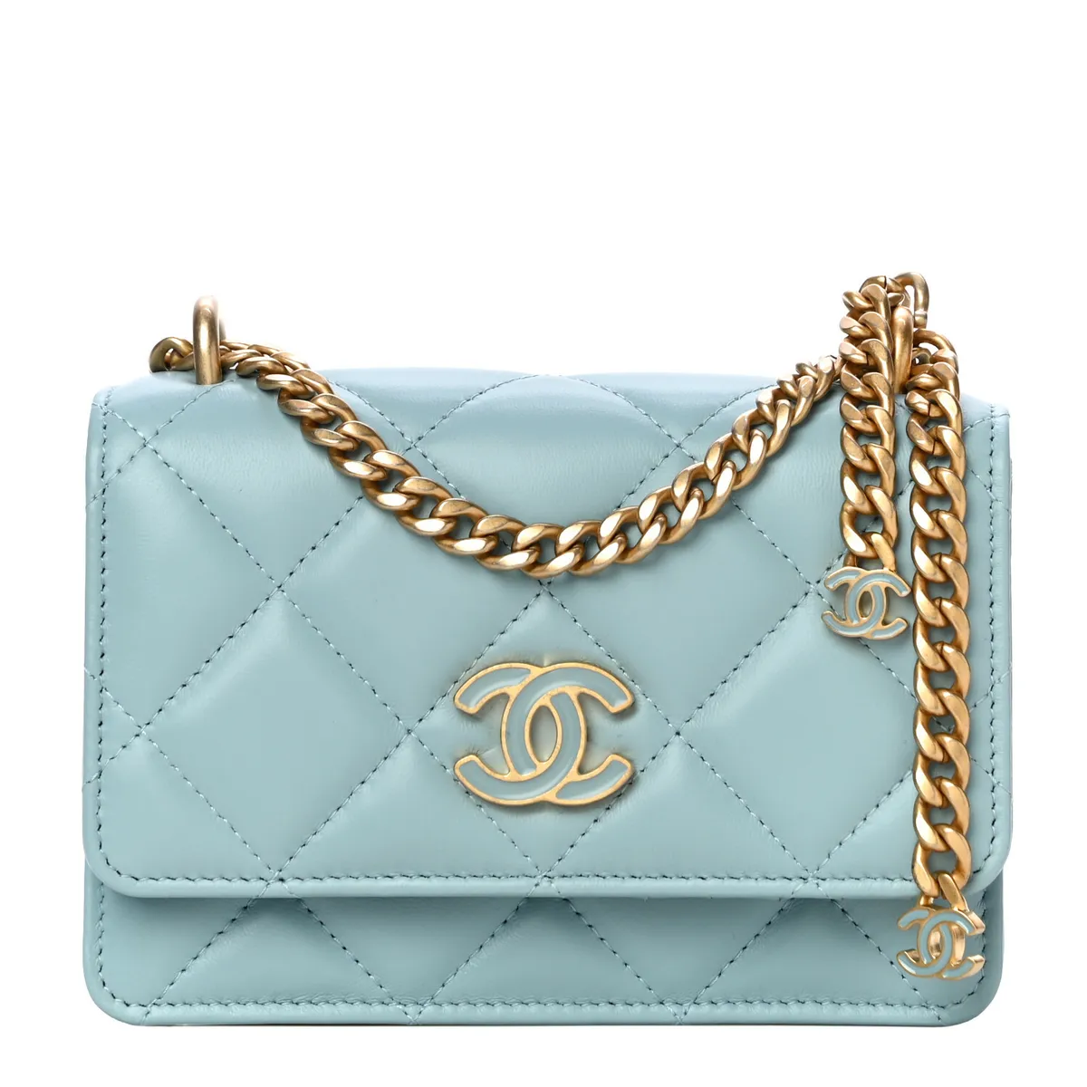CHANEL Lambskin Enamel Quilted Clutch With Chain, Light Blue, NEW IN BOX