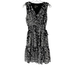 Taylor Black Grey Floral Print V-Neck Sleeveless Smocked Waist Mini Dress 8