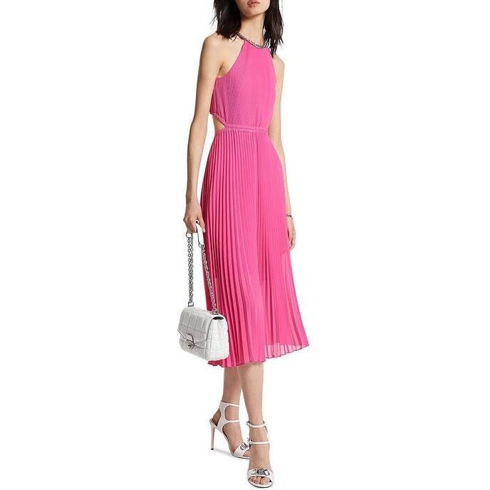 michael kors georgette pleated halter dress Michael Kors Dress Pliss-Georgette Cut Out Smocked Waist Chain Halter XL  NEW