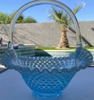 Vintage Large FENTON AQUA BLUE OPALESCENT HOBNAIL   HANDLED RUFFLED BASKET