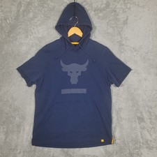 Under Armour Project Rock Mens Large Navy Short Sleeve Hoodie Brahma Bull Logo