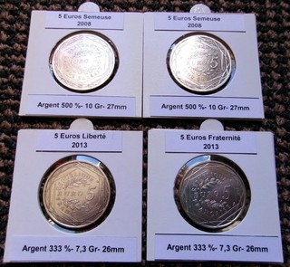 Lot de 4 Pièces de 5 Euros 2008/2013 sous étuis HB (Argent)