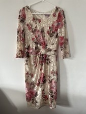 Phase Eight Dress Lace Floral Beige Bodycon 3/4 Sleeve Size 12 Ruched Pink Brown