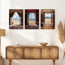 3pcs Unframed Mongolian Yurt Canvas Art Prints - Vibrant Traditional Tents with