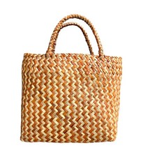 Woven Straw Tote Bag Brown Tan Chevron Basket Beach Market Handbag Small