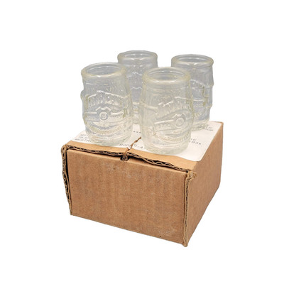Vtg Jim Beam Barrel Shot Glasses Set Of 4 Clear Embossed Whiskey Logo With Box