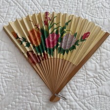 Vintage 1970s Paper Folding Hand Fan Made in Taiwan Bamboo Floral Design