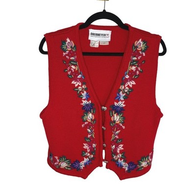 Obermeyer Floral Embroidered Alpine Sweater Vest Red Wool Blend Heart Buttons M