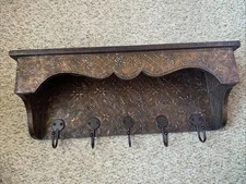 Embossed Metal Wall Shelf with 5 Hooks Vintage Bronze Floral Entryway Rack