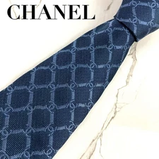Chanel Navy Silk Tie Coco Mark Chain Check Pattern 3.74in Vintage Luxury