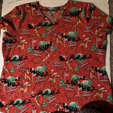 Rudolph the Red-Nosed Reindeer Women Scrub Top XXL Red Christmas Allover Print