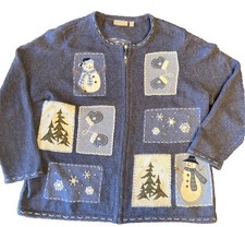 Croft  Barrow Snowman Winter Full Zip Cardigan BlueSweater Women  s Size 1X Flaw