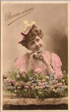 Postcard RPPC 1905 Pretty Woman Hand Painted Hat Flowers B154
