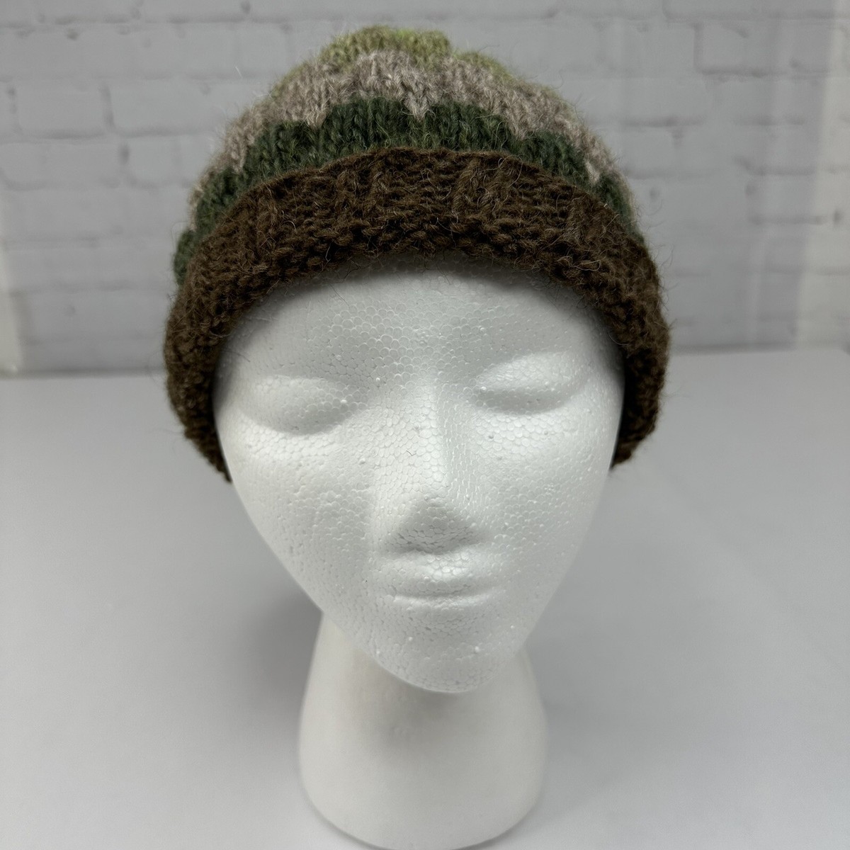 Hand Knit Wool Striped Beanie Brown Earth Tones Chunky 