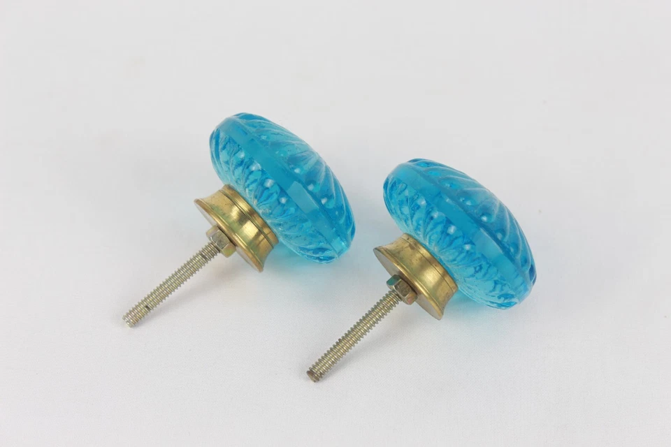 Sky Blue Crystal Glass Door Knob Set of 2 Pcs | Antique Style with Brass Accents - Image 4 of 4