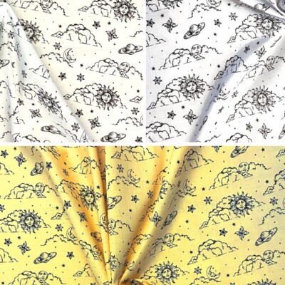 Polycotton Stoff Astrologie Mond Sonne Wolken Sterne Himmel Weltraum