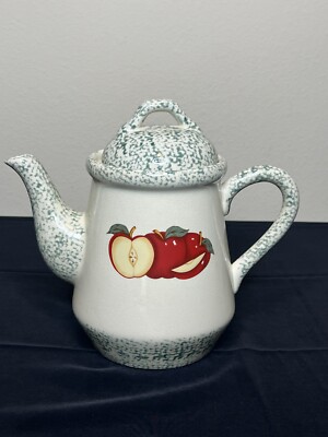 T.H.T. 1995 Sponge Green Apple Design Large Handle Lid Stoneware  Coffee Tea Pot