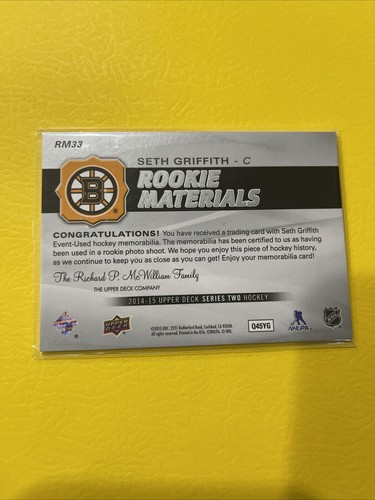 2014-15 Upper Deck Rookie Materials #RM33 Seth Griffith - Boston Bruins Patch - Picture 2 of 2