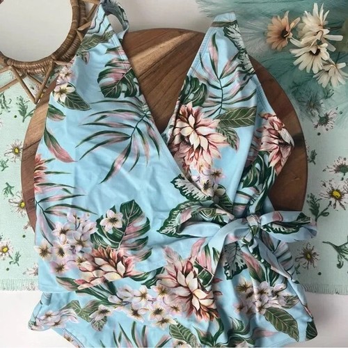 Kona Sol Women's Wrap-Front High Coverage One Piece Swimsuit Tropical Print - Picture 5 of 6