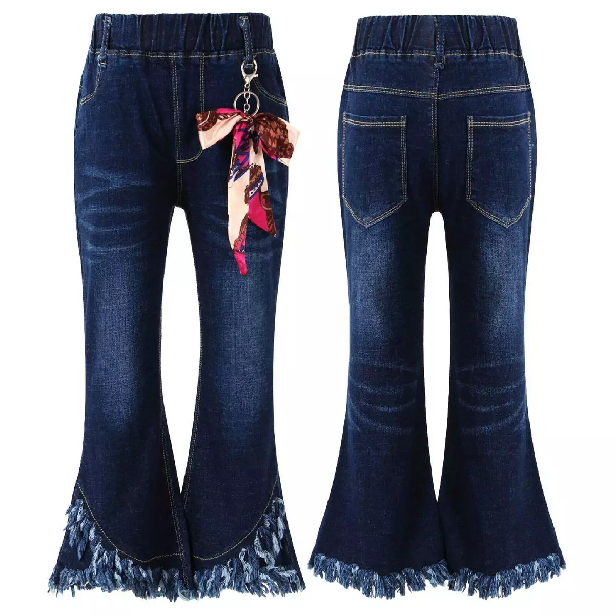 Girls Jeans Bell Bottom Flare Denim Pants Bowknot Decor Elastic