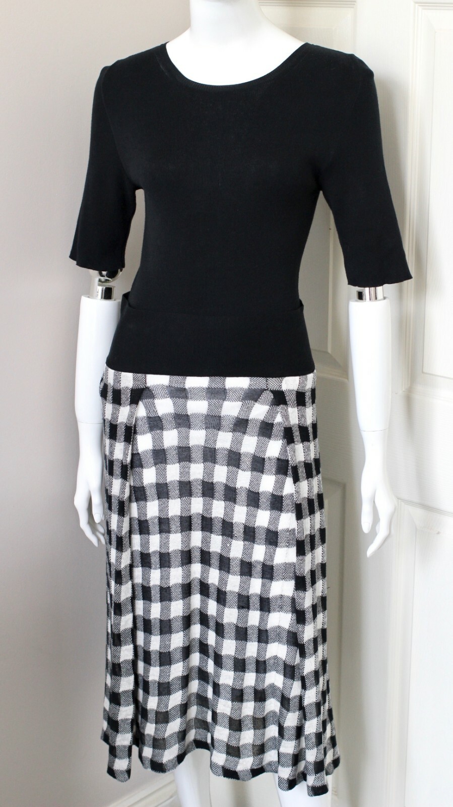 Abito plissettato YVES SAINT LAURENT YSL Rive Gauche nero quadri cotone lino Small