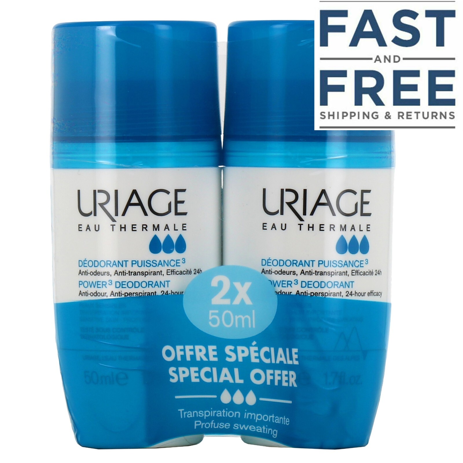 2-Pack Uriage Power 3 Anti-Odor Roll-On Deodorant - 50ml Each, 24H Protection, Expires 09/2027