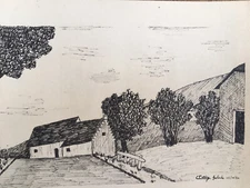 Beau Dessin Nature Maison encre De Chine Vers 1950 Signé