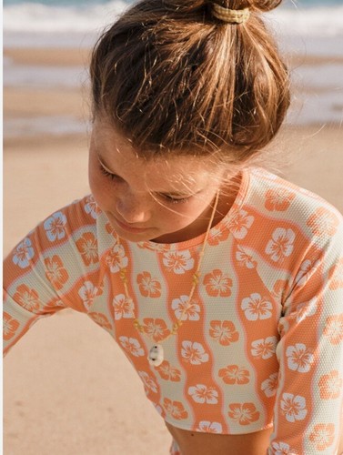 Roxy Girls Wavy Flower L/S Crop Rash Guard Orange Floral ERGWRO3353 Sz 12/Large
