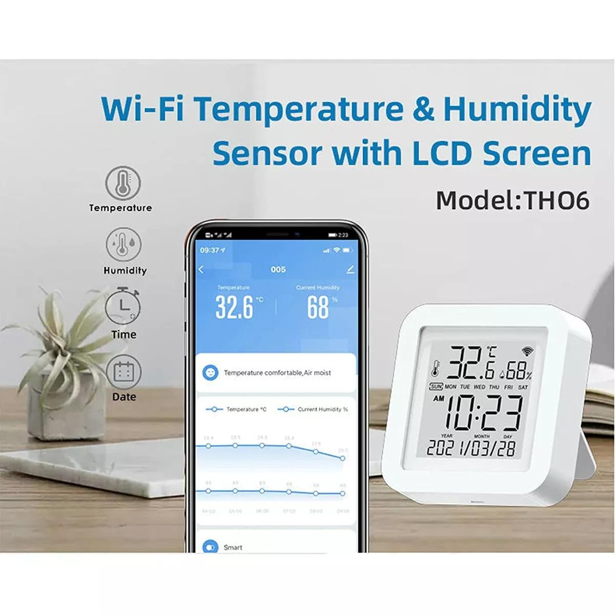 Zigbee Smart Thermometer Hygrometer, Indoor Humidity Meter and Temperature Sensor with App Control, Large LCD Display, Remote Monitor for Home, Size