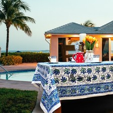 Cotton Block Print Lotus Flower Tablecloth for Rectangle Tables Blue Green