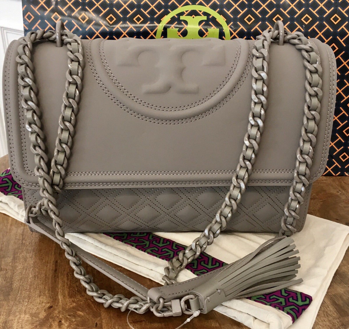 NWT Tory Burch Fleming Convertible Shoulder GRAY HERON Matte Bag