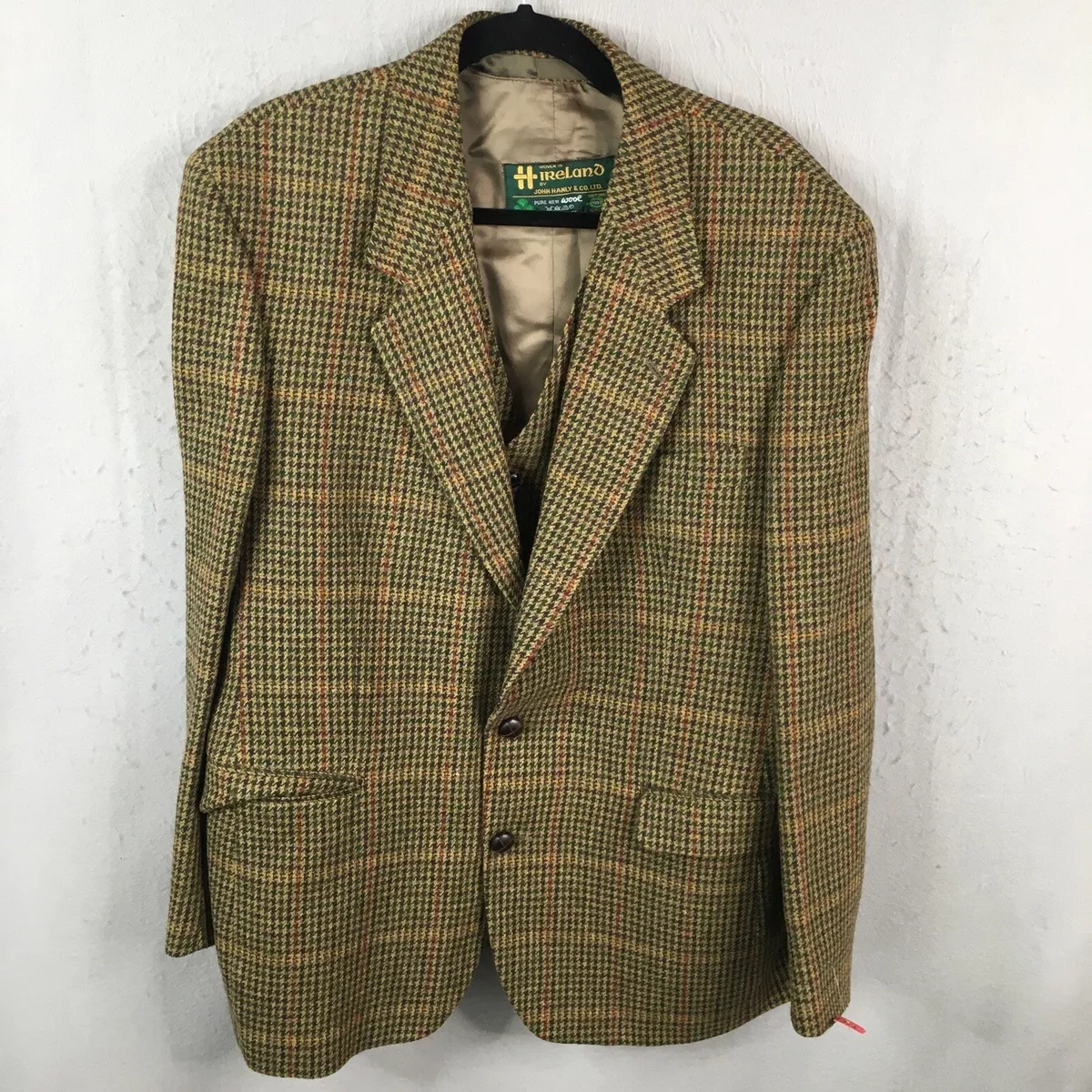 John Hanly Blazer Vest Set Mens 42R Brown Houndstooth Wool Ireland Elbow  Patches